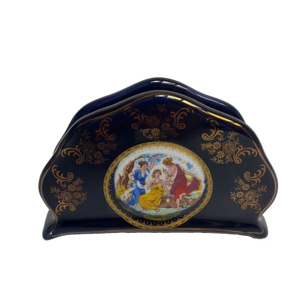Rosenberg Porcelain Cobalt Napkin Holder 24k Gold Plate Classical Figural Scene
